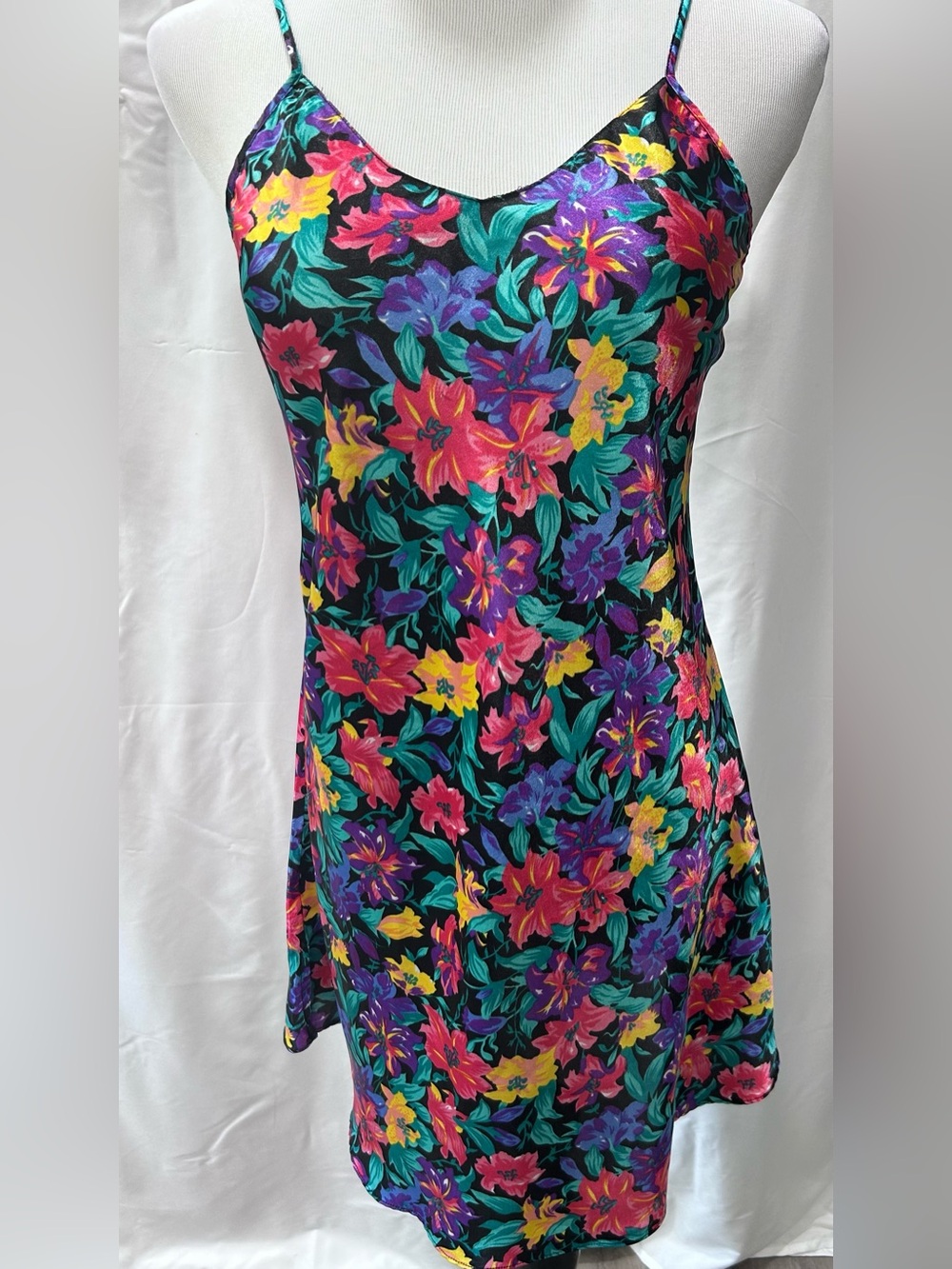 90s Satin Floral Slip Dress V-Neck Mini Spaghetti Strap Black Multi Small VTG